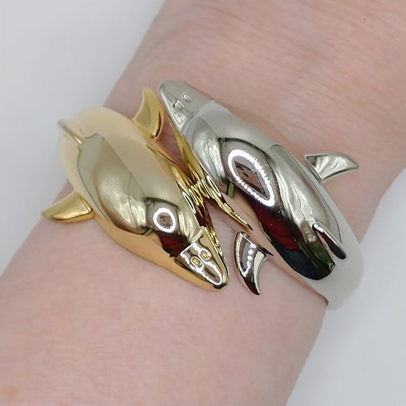 Dual Tone Dolphin Clamper Bracelet Nautical Bangle - Picture 1 of 6